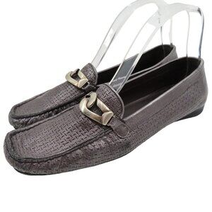 Stuart Weitzman 9.5 SS Pewter Silver Textured Chain Square Toe Loafers Flats